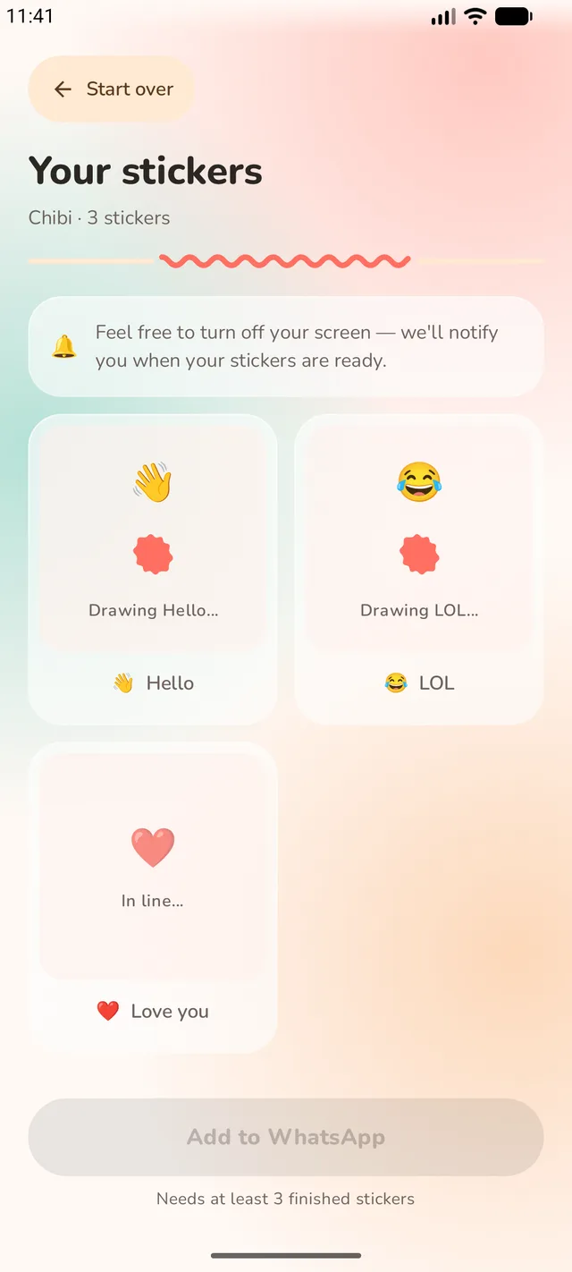 Progress screen drawing stickers with a notification reminder that you can turn off the screen
