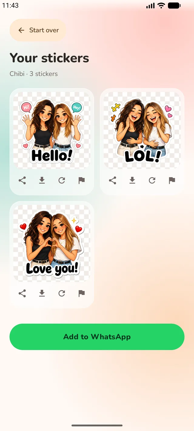 Stickture results screen showing three finished stickers and an Add to WhatsApp button