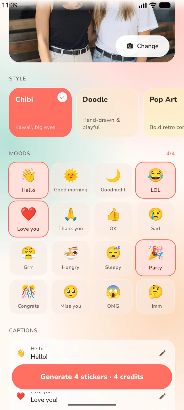 Create screen with a photo picked, Chibi style and four moods selected