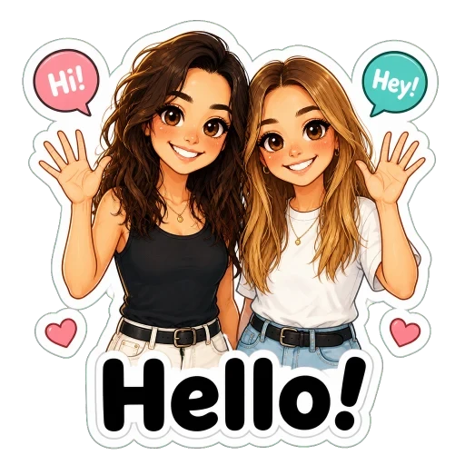 Generated chibi sticker waving hello with Hi! and Hey! speech bubbles