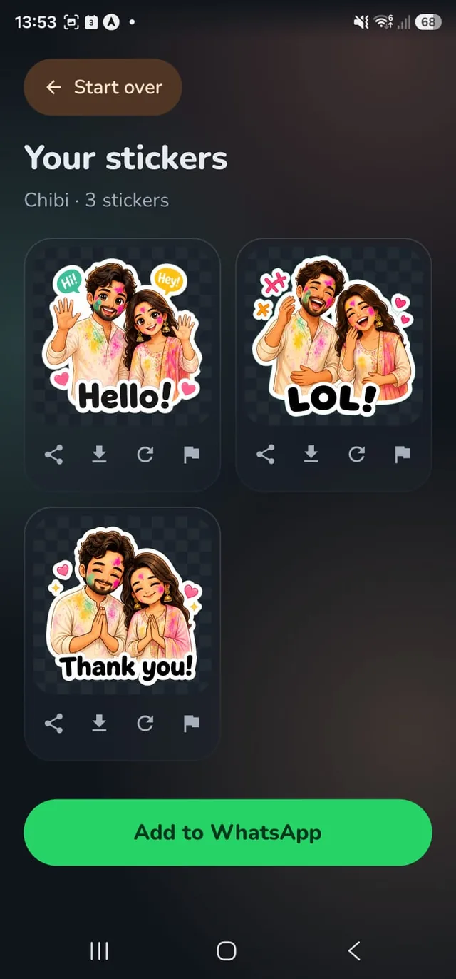 Stickture results screen: three chibi stickers of the same couple — Hello, LOL and Thank you