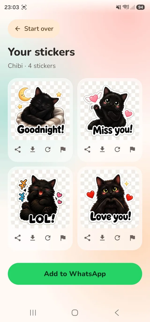 Stickture results screen: four chibi stickers of the same black cat — Goodnight, Miss you, LOL and Love you