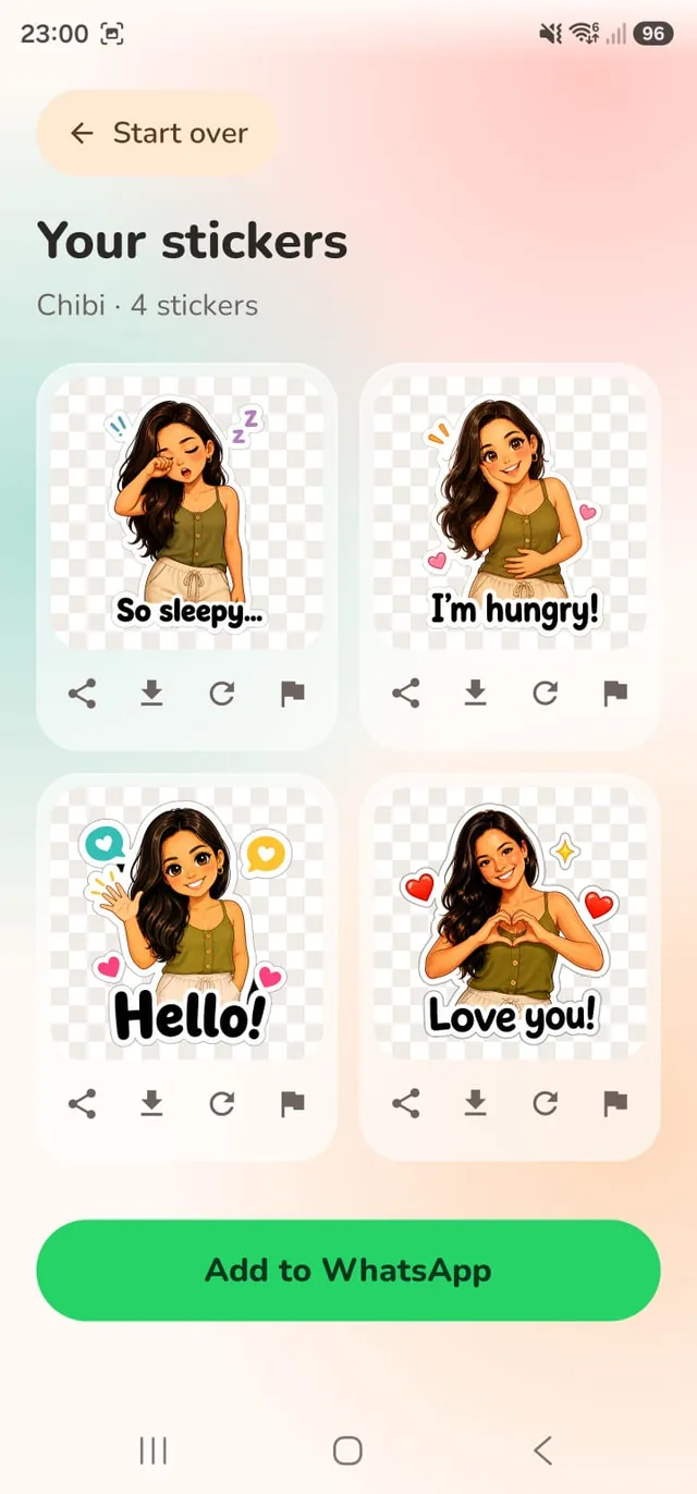 Stickture results screen: four chibi stickers of the same woman — So sleepy, I'm hungry, Hello and Love you