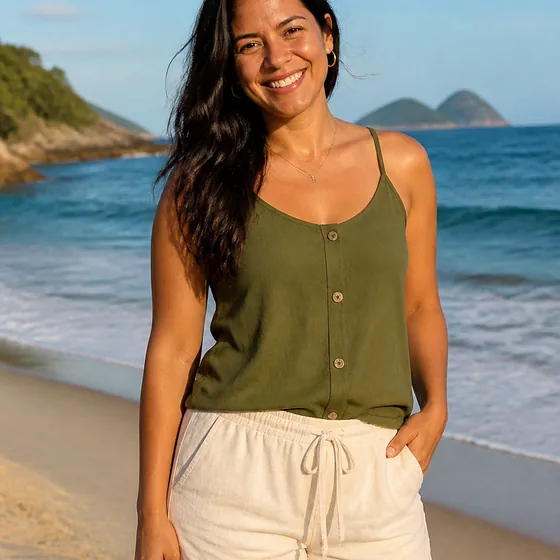 Source photo: a woman smiling on a beach